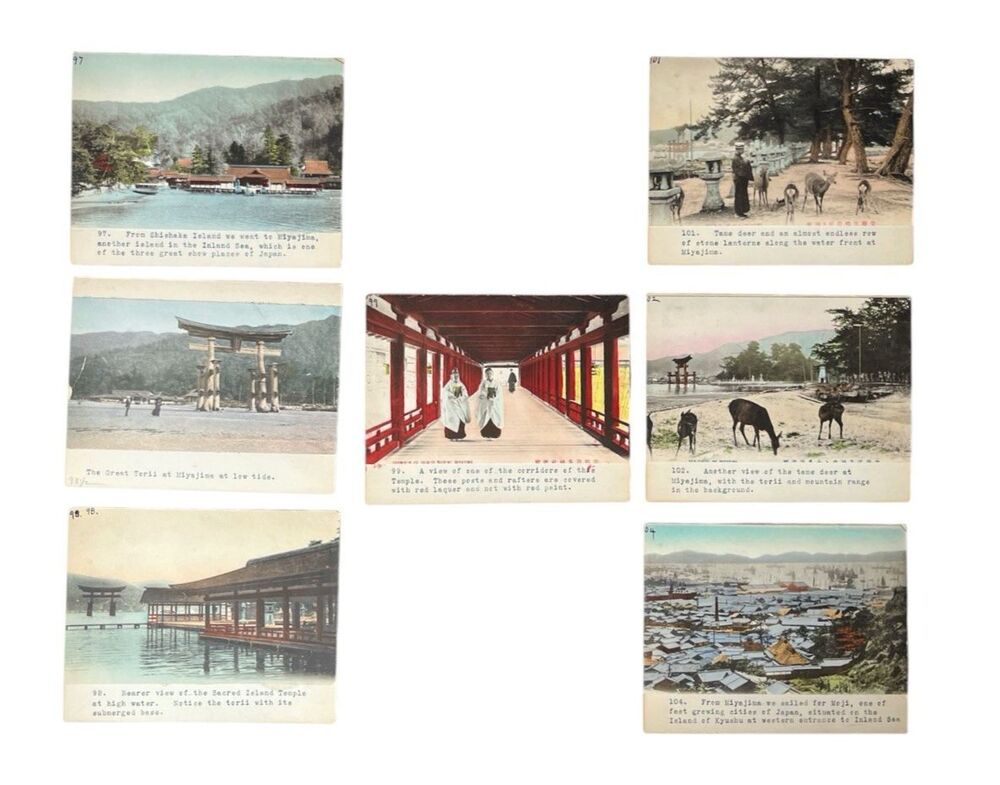 7 Antique Japanese Pictorial Photo Postcards Miyajima c1910 Hand-tinted Mounted